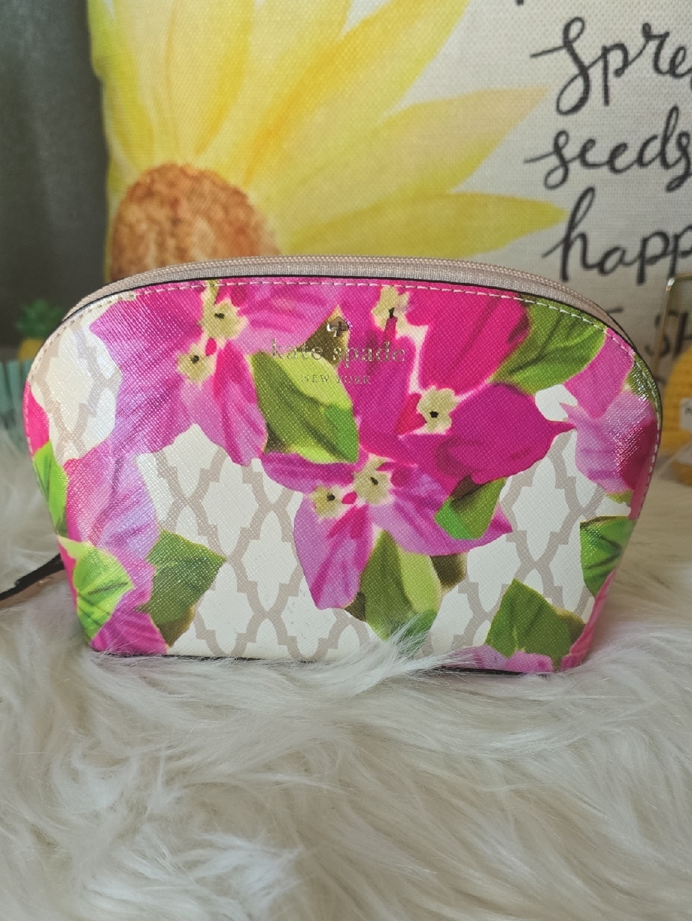 Kate Spade Pink Floral Cosmetic Pouch with Green Leaves Nwot